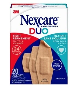 Boîte Nexcare Duo DSA-20-CA, 20 pansements assortis, face française, tient fermement et retrait sans douleur