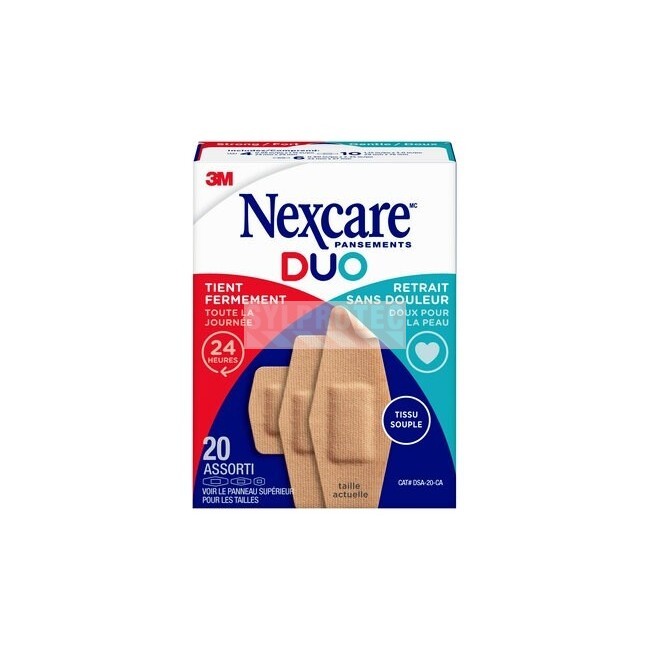 Nexcare Duo DSA-20-CA box, 20 assorted bandages, French side, holds strong and pain-free removal