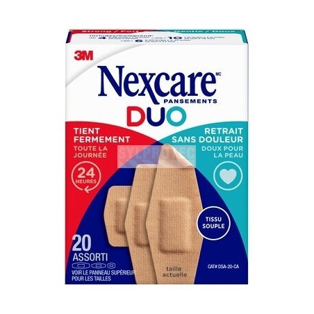 Nexcare Duo DSA-20-CA box, 20 assorted bandages, French side, holds strong and pain-free removal