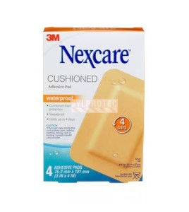 Nexcare cushioned waterproof AWP-34-CA box, 4 adhesive pads 3 x 4 in, English side
