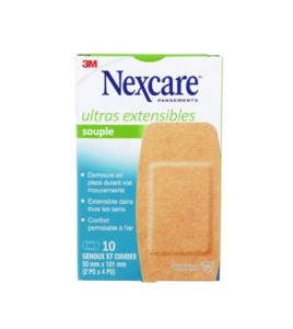 Boîte Nexcare ultras extensibles souple CS103-CA, 10 pansements genoux et coudes 50 x 101 mm, face française