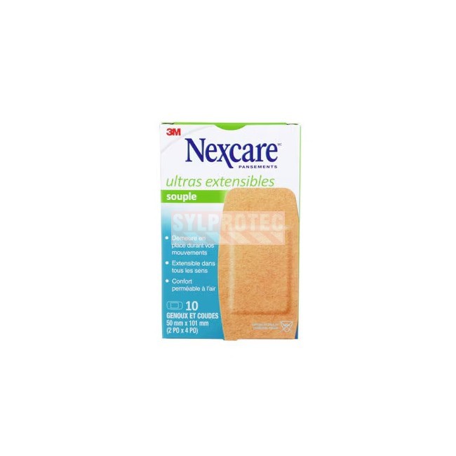 Boîte Nexcare ultras extensibles souple CS103-CA, 10 pansements genoux et coudes 50 x 101 mm, face française