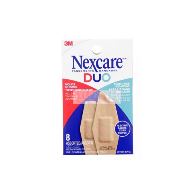 Nexcare Duo DSA-8CP-CA pouch, 8 assorted flexible fabric bandages, holds strong and pain-free removal