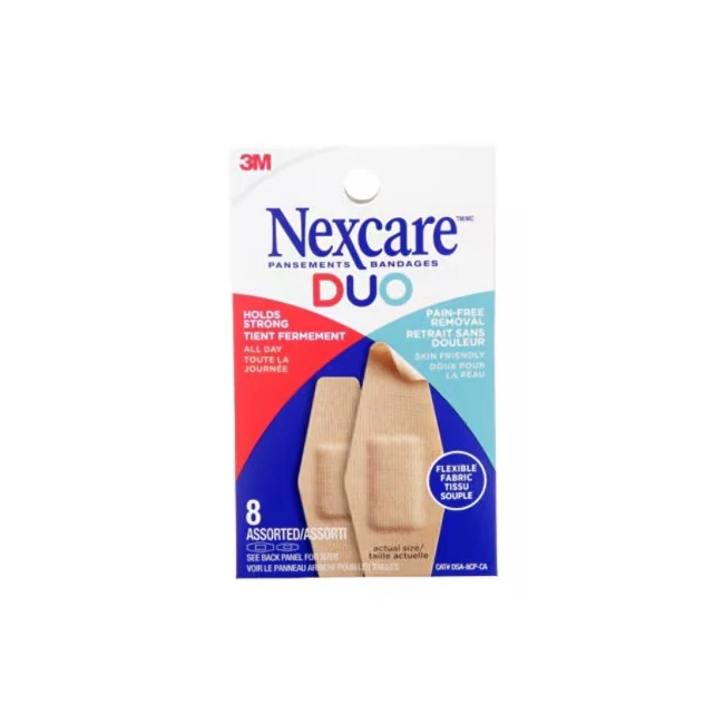 Enveloppe Nexcare Duo DSA-8CP-CA, 8 pansements assortis en tissu souple, tient fermement et retrait sans douleur