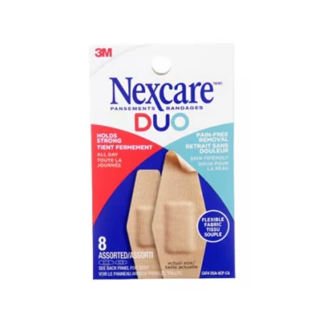 Enveloppe Nexcare Duo DSA-8CP-CA, 8 pansements assortis en tissu souple, tient fermement et retrait sans douleur