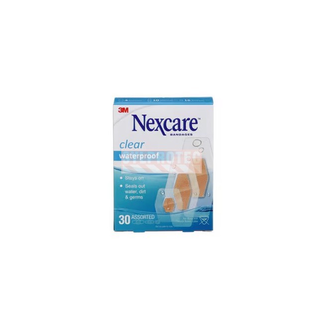 Boîte Nexcare clear waterproof 588-30-CA, 30 pansements assortis, face anglaise