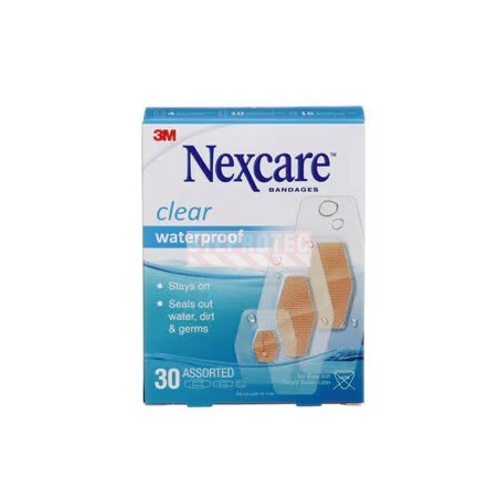 Nexcare clear waterproof 588-30-CA box, 30 assorted bandages, English side