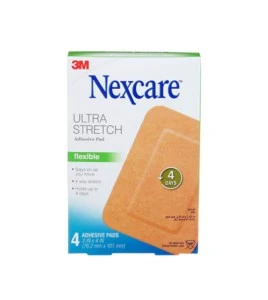 Boîte Nexcare ultra stretch flexible adhesive pad SFP34-CA, 4 pansements adhésifs 3 x 4 po, face anglaise