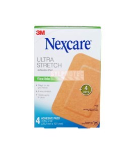 Nexcare ultra stretch flexible adhesive pad SFP34-CA box, 4 adhesive pads 3 x 4 in, English side