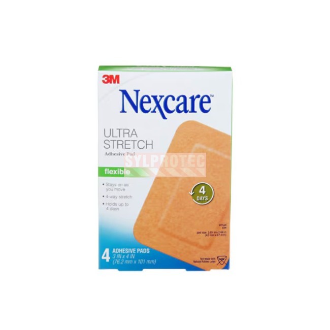 Boîte Nexcare ultra stretch flexible adhesive pad SFP34-CA, 4 pansements adhésifs 3 x 4 po, face anglaise