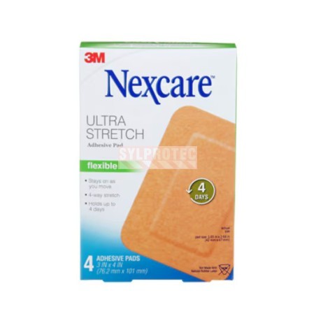 Boîte Nexcare ultra stretch flexible adhesive pad SFP34-CA, 4 pansements adhésifs 3 x 4 po, face anglaise