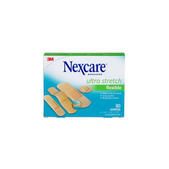 Boîte Nexcare ultra stretch flexible CS203-CA, 80 pansements assortis, face anglaise