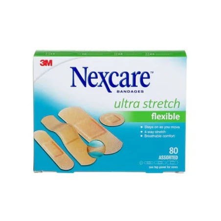 Boîte Nexcare ultra stretch flexible CS203-CA, 80 pansements assortis, face anglaise